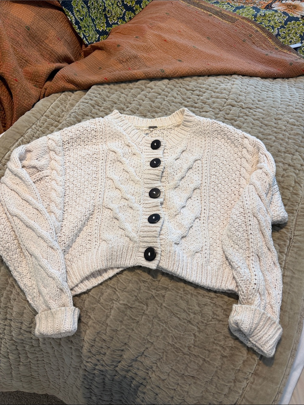 Free People Cream Cable-Knit Cropped Cardigan with Buttons